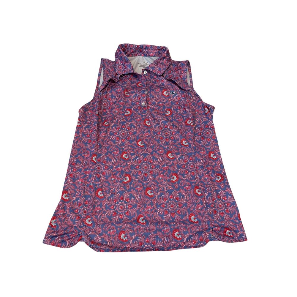 Vineyard Vines Sleeveless Golf Polo Top Pink Blue Floral Mandala Whale Size Sm